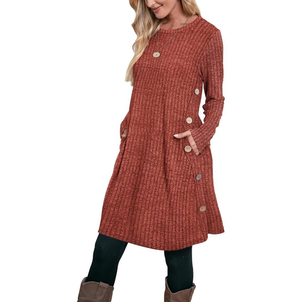 Ofeefan Women's Ribbed Caramel Crew Neck Long Sleeve Winter Tunic Dress